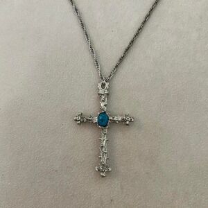 Y2K sterling silver cross pendant necklace with central turquoise gemstone